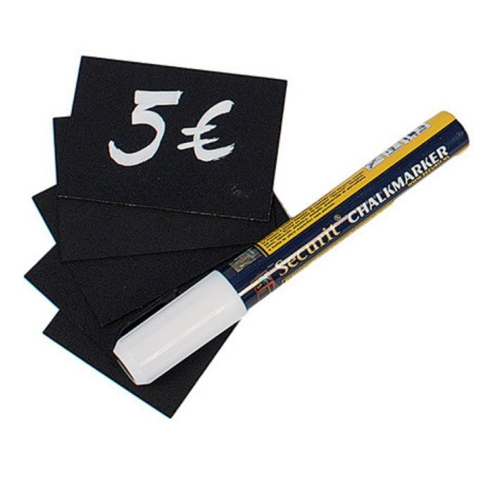 BLACK TAGS 7.4X5.2CM+4 SPIKES+1 WHITE CHALKMARKER PACK 20