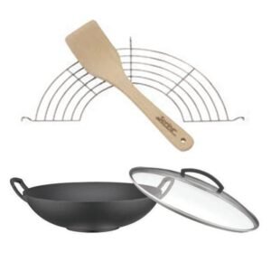 CAST IRON WOK SET D35CM W/ GLASS LID AND ACCESSORIES
