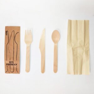 ECO-FRIENDLY WOODEN CUTLERY/NAPKIN KIT 4/1 WITH KRAFT SLEEVE PACK OF 100