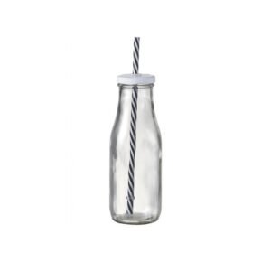MILK DRINKING BOTTLE GLASS 44CL WITH 2 LIDS AND 1 STRAW